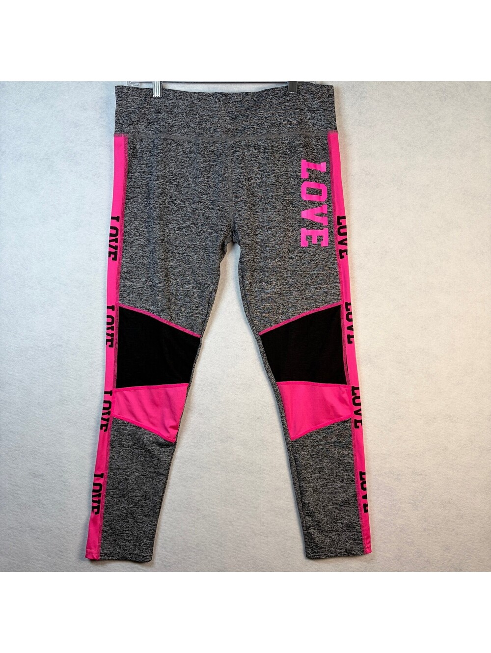 Thrill Maternity Gray, Black, and Pink Colorblock Leggings with LOVE Print